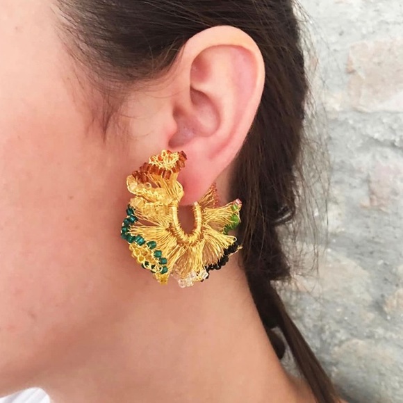 Multicolored Hand Crochet Gold Wire Ruffled Hoops - Picture 2 of 4